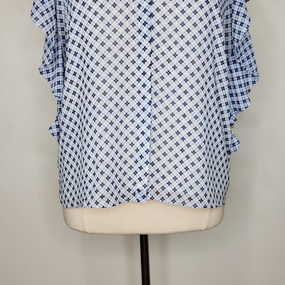 Roz & Ali Blue White Flutter Sleeve Ruffle Side Button Up Top Blouse NEW Size XL - Picture 3 of 15